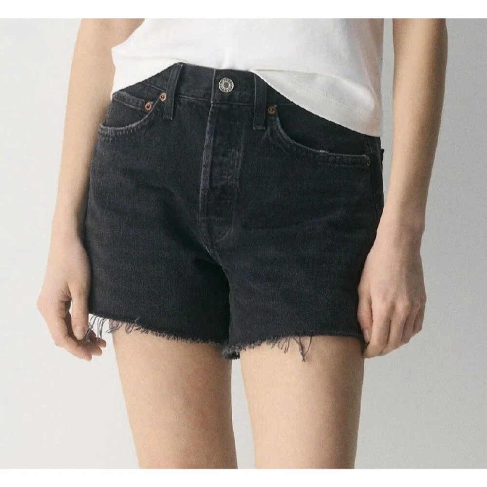 AGOLDE Parker Long Black Denim High Rise Fray Hem Jean Shorts Women’s Size 33
